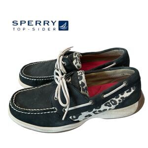 Sperry Top-Sider Women's Angelfish Black Leather Leopard Boat Shoes Loafers 8.5